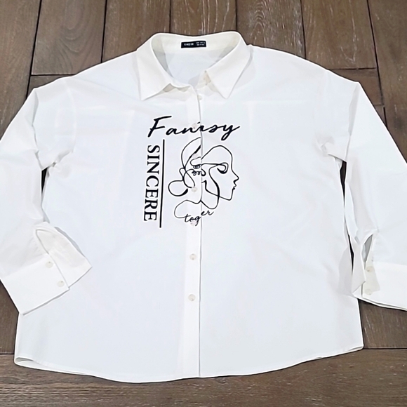 SHEIN Figure & Letter Graphic Drop Shoulder White Button Down Size M - Picture 7 of 12